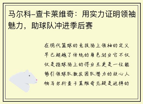 马尔科-查卡莱维奇：用实力证明领袖魅力，助球队冲进季后赛