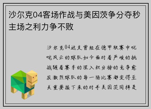 沙尔克04客场作战与美因茨争分夺秒主场之利力争不败