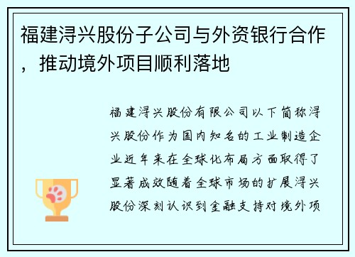 福建浔兴股份子公司与外资银行合作，推动境外项目顺利落地