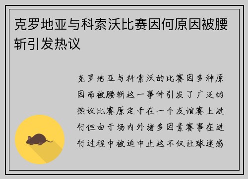 克罗地亚与科索沃比赛因何原因被腰斩引发热议